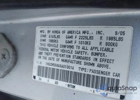 2006 Honda Accord 2.4 Ex from USA, damaged, VIN 1HGCM56846A010014